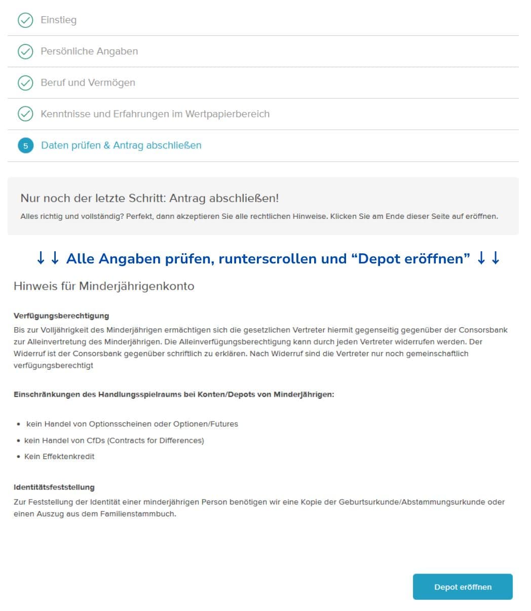 Consorsbank Junior-Depot eröffnen Daten prüfen & Antrag abschließen