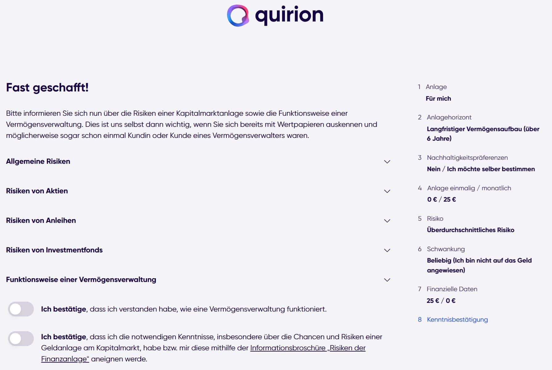 8_quirion erfahrungen robo advisor Kentnissbestätigung