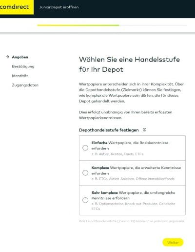Comdirect Junior Depot eröffnen Angaben Handelsstufe