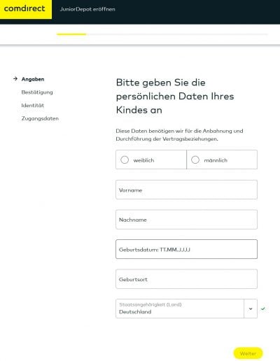 Comdirect Junior Depot eröffnen Angaben zum Kind