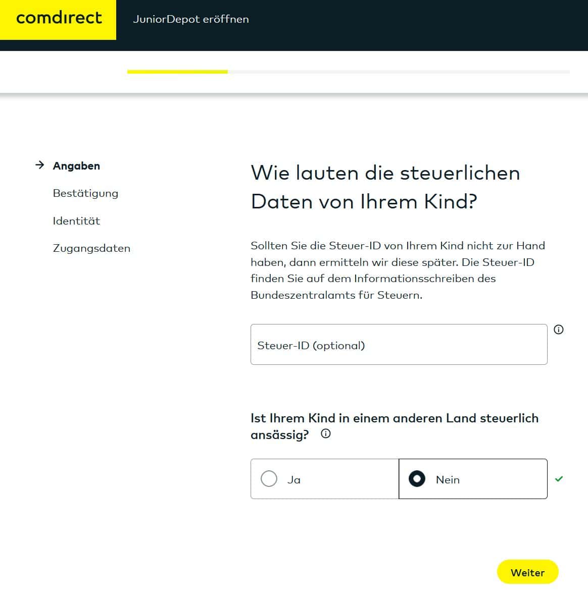 Comdirect Junior Depot eröffnen Angaben Kind steuerliche Daten