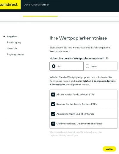 Comdirect Junior Depot eröffnen Angaben Wertpapierkenntnisse