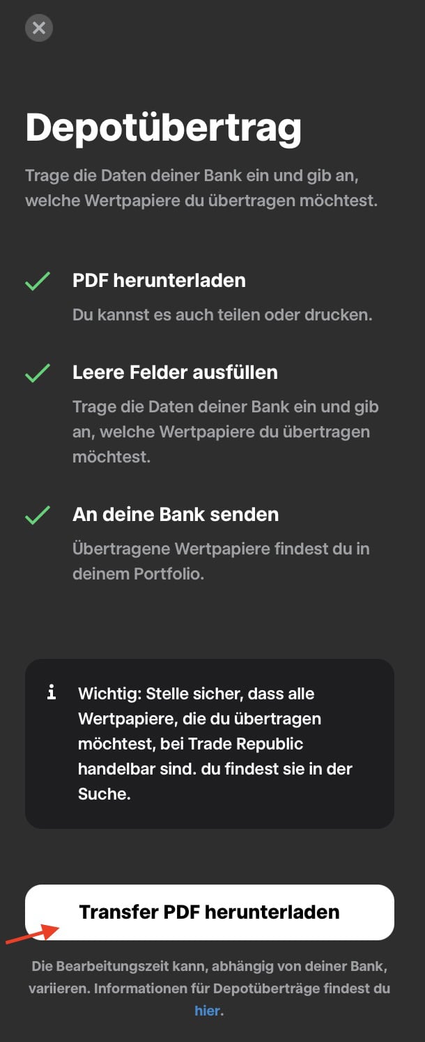 Trade Republic Depotübertrag Formular