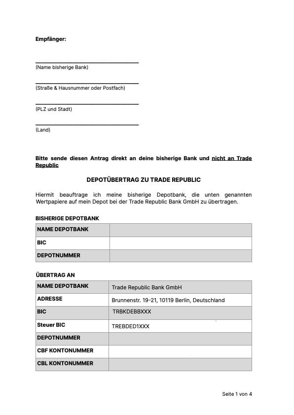 Trade Republic Depotübertrag Formular
