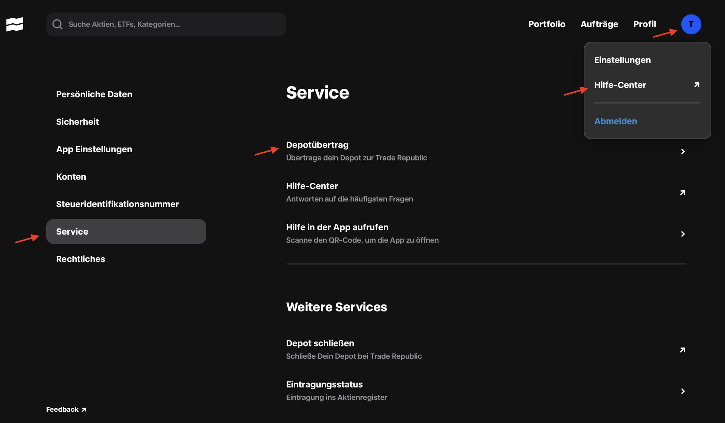 Trade Republic Depotübertrag Webseite